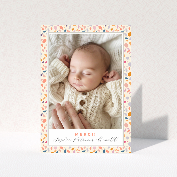 Baby thank you card with floral border and photo of sleeping baby