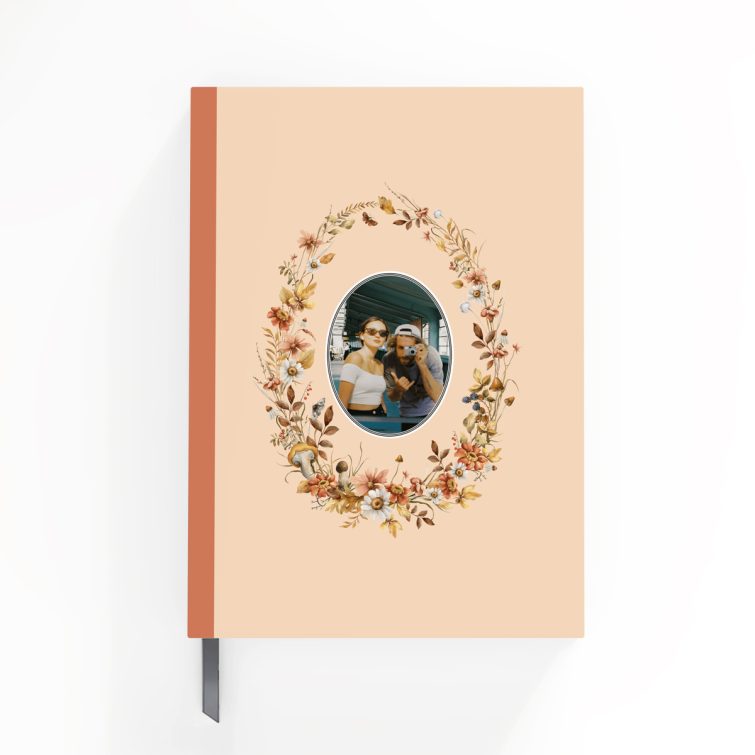 Floral design notebook cover with vintage motif and one photo placeholder for personalised gifting.