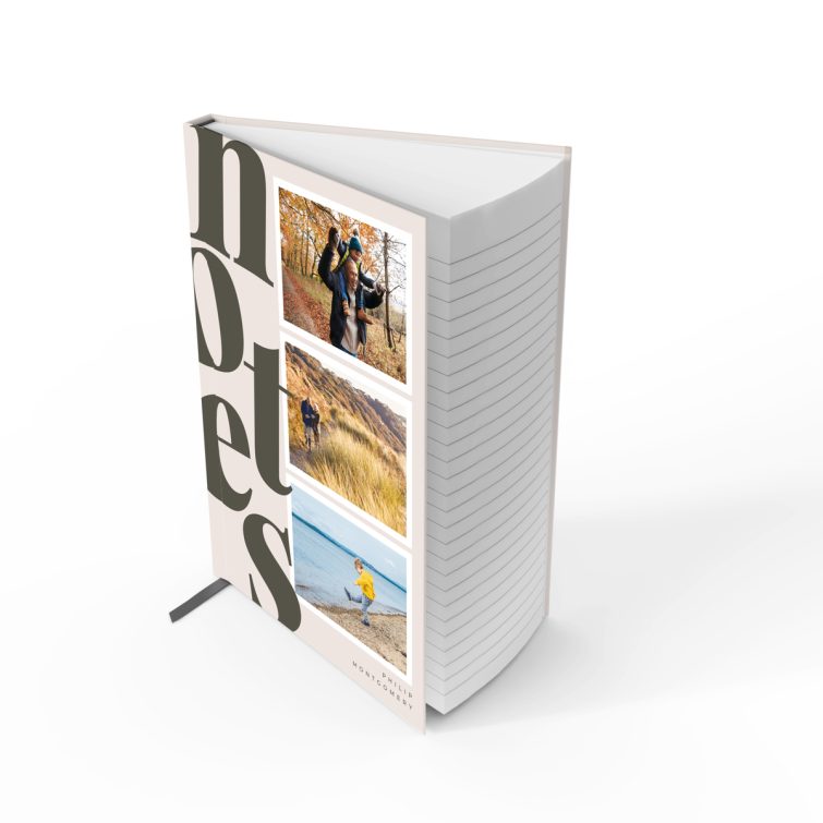 Elegant portrait notebook design with three photos on the cover, perfect for personalised gift ideas.