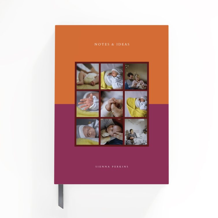 Colourful personalised notebooks design with nine photos on cover by Utterly Printable.