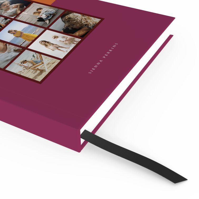 Colourful personalised notebook design featuring nine photos on the front cover, suitable for weddings and special occasions.