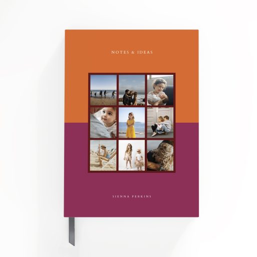 Colourful personalised notebook design featuring nine photos on the front cover, suitable for weddings and special occasions.