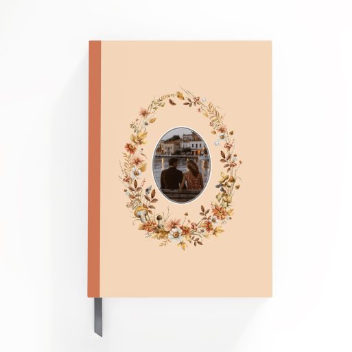 Floral design notebook cover with a vintage aesthetic, featuring one photo frame on the back cover.