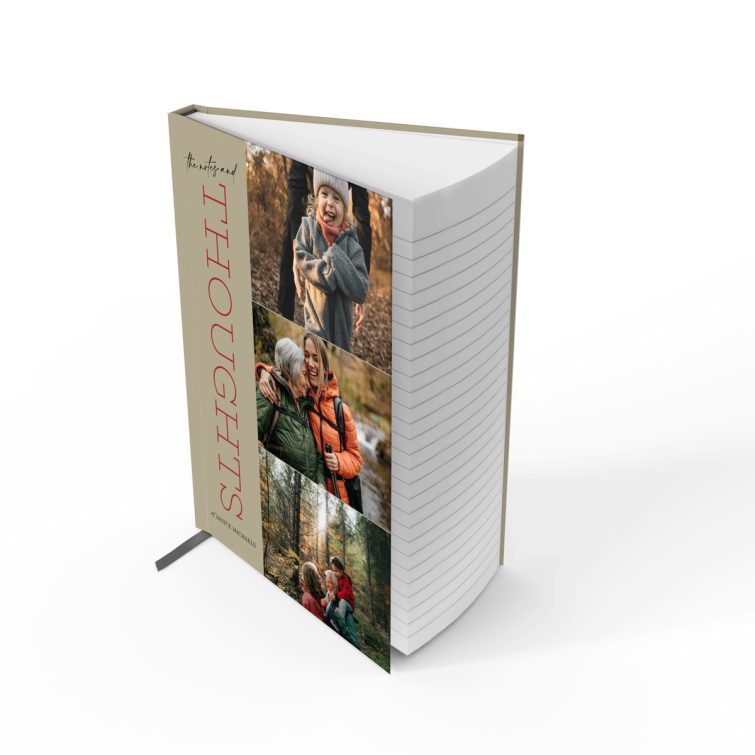 Portrait notebook cover design with three photos, ideal for personalised printed products by Utterly Printable.