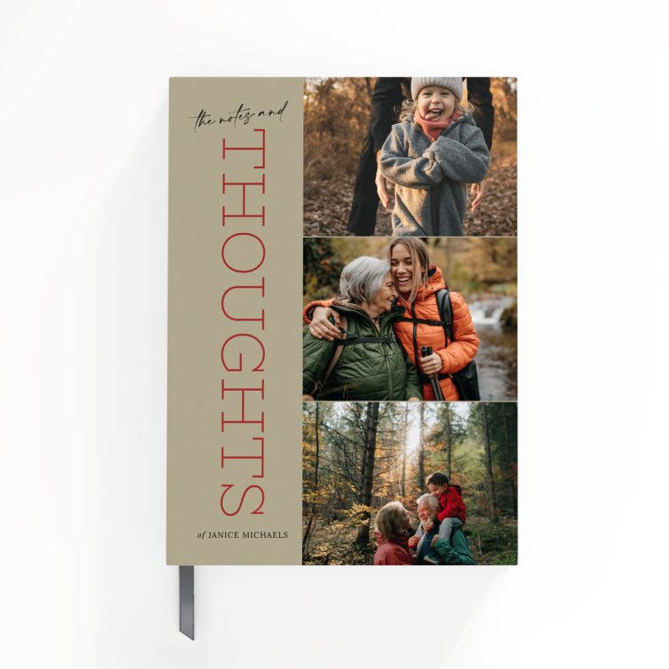 Portrait notebook cover design with three photos, ideal for personalised printed products by Utterly Printable.