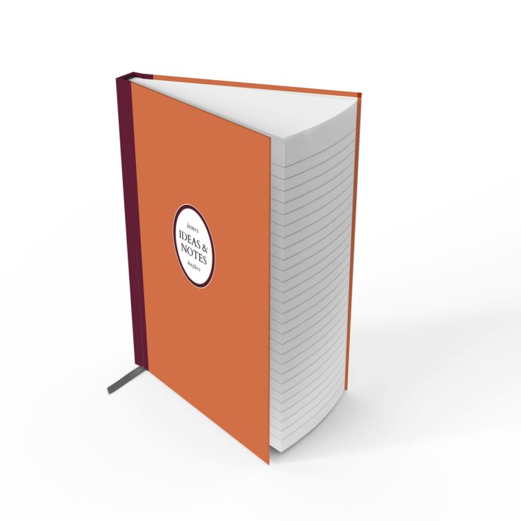 Customisable portrait notebook design with orange cover and burgundy spine, featuring one photo placeholder.