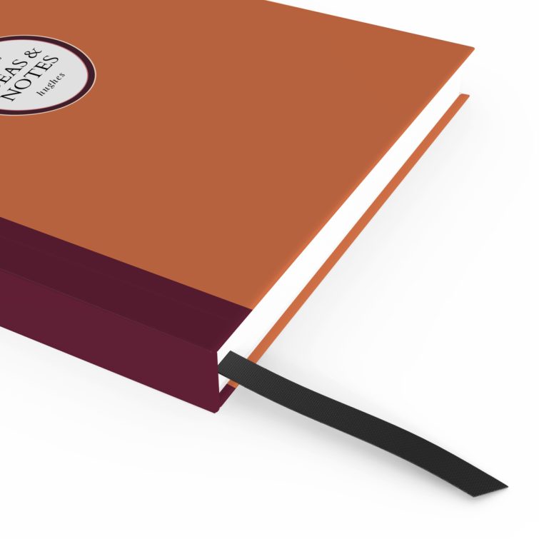 Customisable portrait notebook design with orange cover and burgundy spine, featuring one photo placeholder.