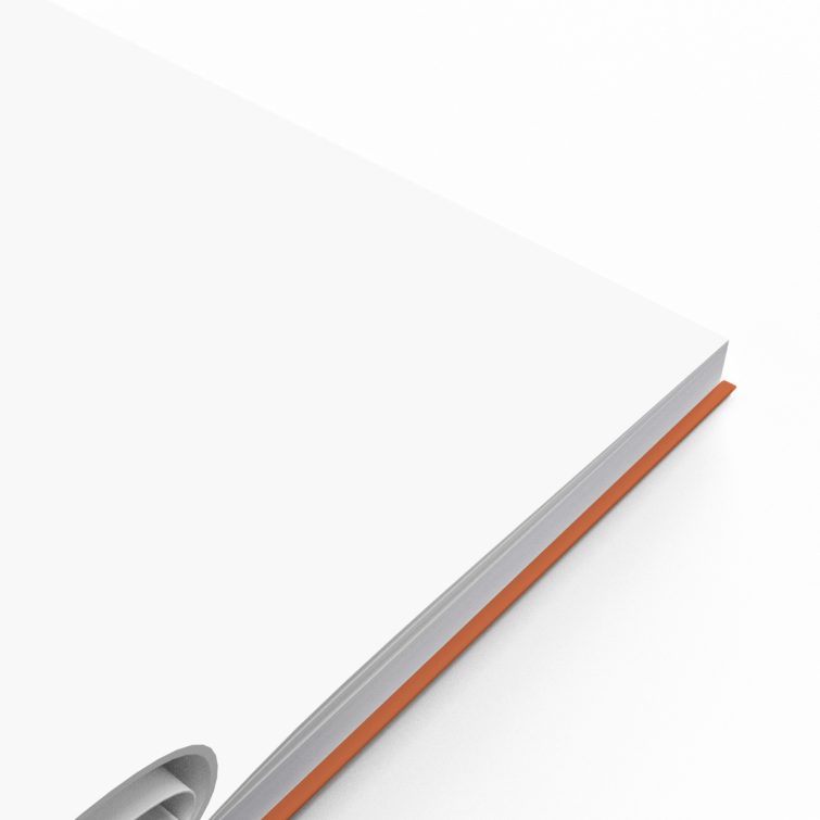 Customisable portrait notebook design with orange cover and burgundy spine, featuring one photo placeholder.