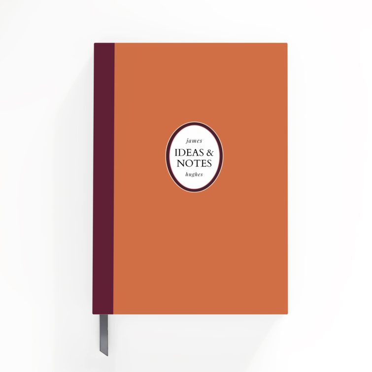 Customisable portrait notebook design with orange cover and burgundy spine, featuring one photo placeholder.