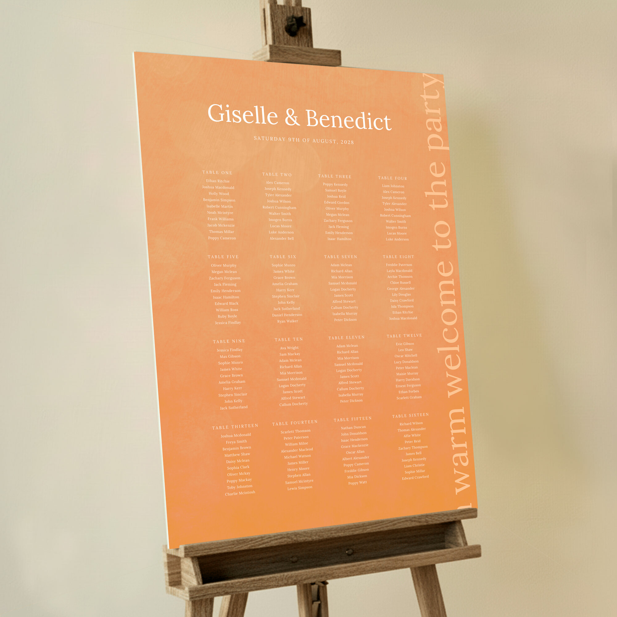 Bespoke Autumn Warmth Seating Plans with a textured orange background and the text 'a warm welcome to the party,' capturing the charm and warmth of fall for your autumn weddings.. This template has 16 tables.