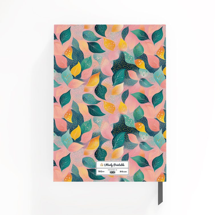 Colourful leaf-pattern design for notebooks, Utterly Printable full cover spread including front cover, spine, and back cover, with no photos.