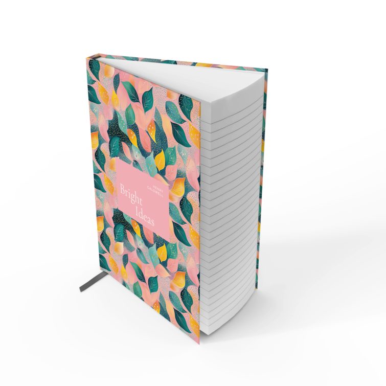 Colourful leaf-pattern design for notebooks, Utterly Printable full cover spread including front cover, spine, and back cover, with no photos.