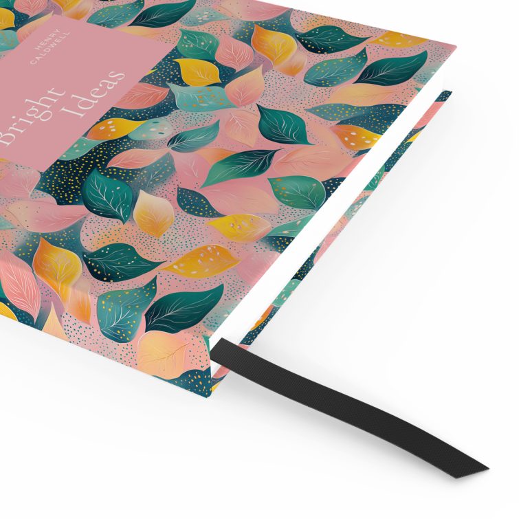 Colourful leaf-pattern design for notebooks, Utterly Printable full cover spread including front cover, spine, and back cover, with no photos.