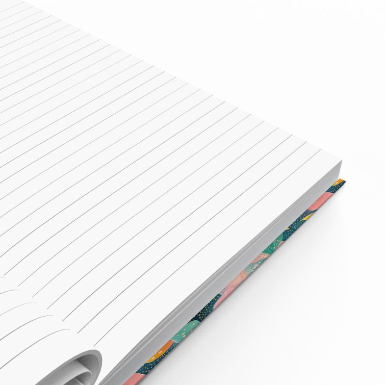 Colourful leaf-pattern design for notebooks, Utterly Printable full cover spread including front cover, spine, and back cover, with no photos.