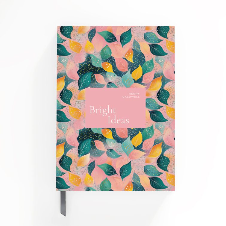 Colourful leaf-pattern design for notebooks, Utterly Printable full cover spread including front cover, spine, and back cover, with no photos.