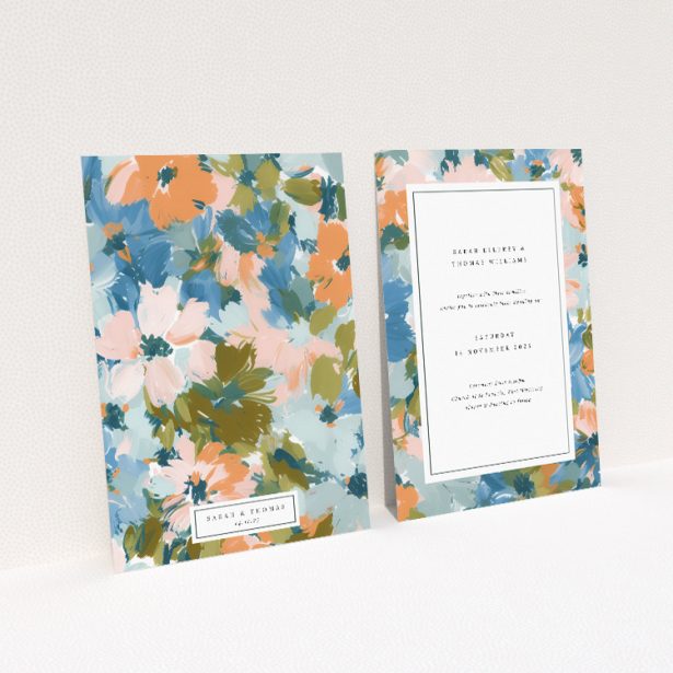 Autumnal Floral Frame Wedding Invitation - A5-sized invitation featuring a vibrant floral motif in blues, oranges, and greens, perfect for autumn weddings This image shows the front and back sides together
