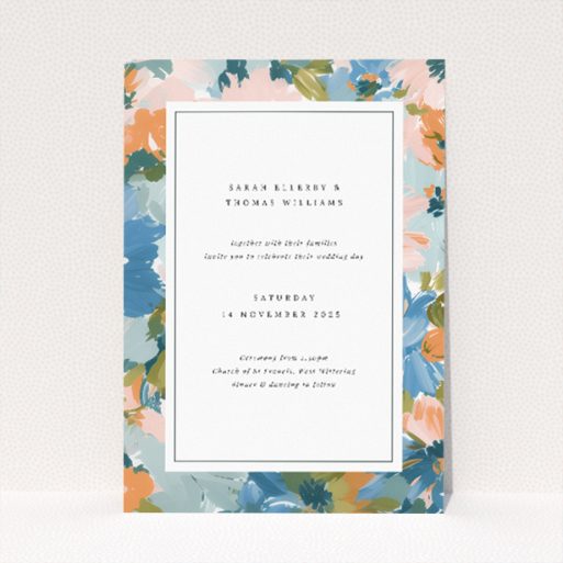 Autumnal Floral Frame Wedding Invitation - A5-sized invitation featuring a vibrant floral motif in blues, oranges, and greens, perfect for autumn weddings This is a view of the front