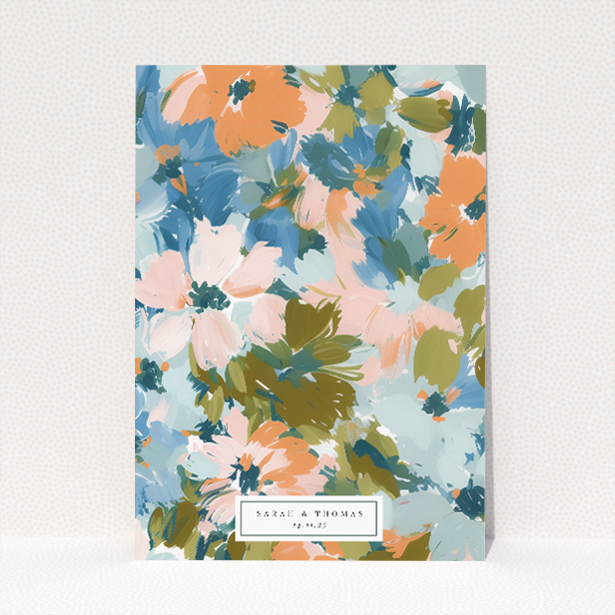 Autumnal Floral Frame Wedding Invitation - A5-sized invitation featuring a vibrant floral motif in blues, oranges, and greens, perfect for autumn weddings This image shows the front and back sides together