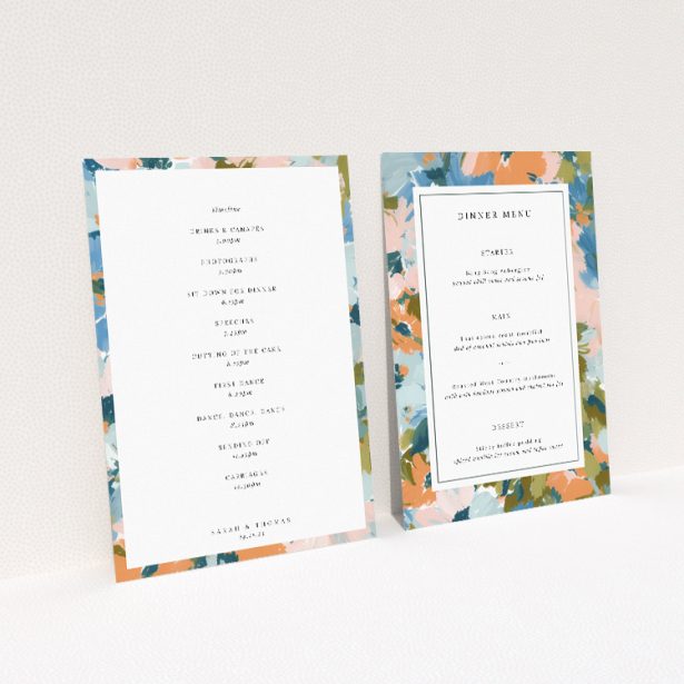 Autumnal Floral Frame wedding menu template - charming floral motif, vibrant palette, classic serif fonts, perfect for autumn weddings This image shows the front and back sides together