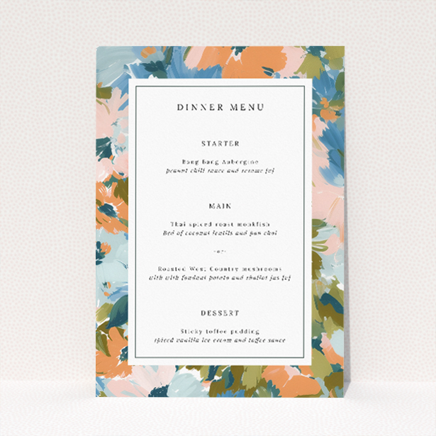 Autumnal Floral Frame wedding menu template - charming floral motif, vibrant palette, classic serif fonts, perfect for autumn weddings This is a view of the front