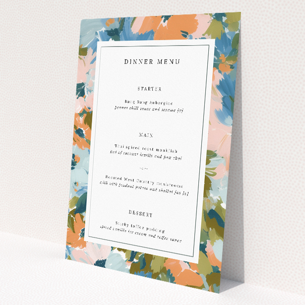 Autumnal Floral Frame wedding menu template - charming floral motif, vibrant palette, classic serif fonts, perfect for autumn weddings This is a view of the front