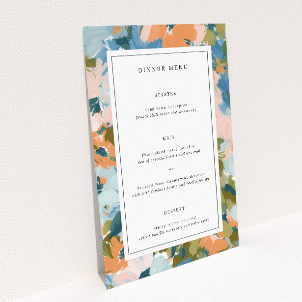 Autumnal Floral Frame wedding menu template - charming floral motif, vibrant palette, classic serif fonts, perfect for autumn weddings This image shows the front and back sides together