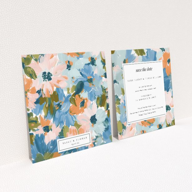 Autumnal Floral Frame wedding save the date card featuring rich palette of autumnal florals in soft peach, sky blue, and creamy tones. This image shows the front and back sides together