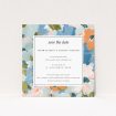 Autumnal Floral Frame wedding save the date card featuring rich palette of autumnal florals in soft peach, sky blue, and creamy tones. This is a view of the front