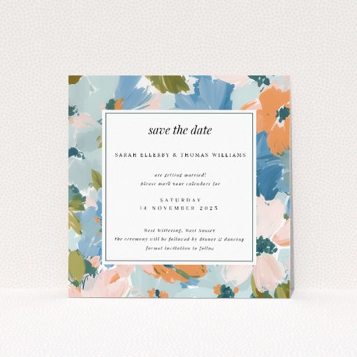 Autumnal Floral Frame wedding save the date card featuring rich palette of autumnal florals in soft peach, sky blue, and creamy tones. This is a view of the front