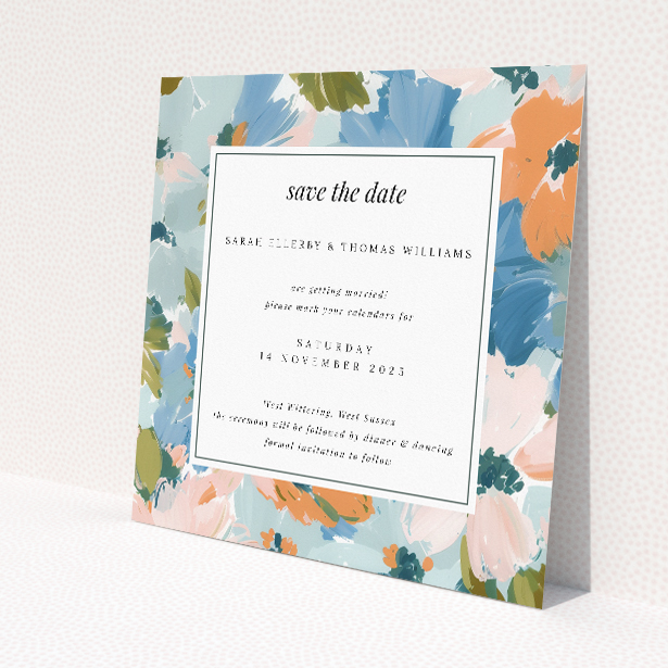 Autumnal Floral Frame wedding save the date card featuring rich palette of autumnal florals in soft peach, sky blue, and creamy tones. This is a view of the front