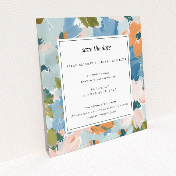 Autumnal Floral Frame wedding save the date card featuring rich palette of autumnal florals in soft peach, sky blue, and creamy tones. This image shows the front and back sides together