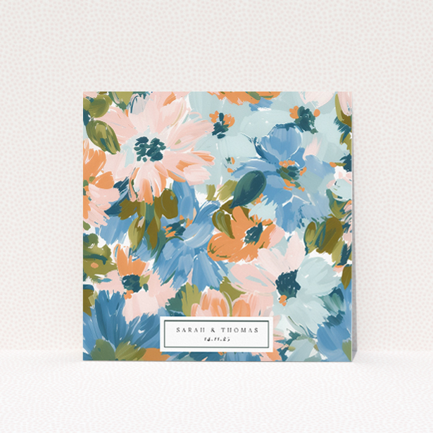 Autumnal Floral Frame wedding save the date card featuring rich palette of autumnal florals in soft peach, sky blue, and creamy tones. This image shows the front and back sides together