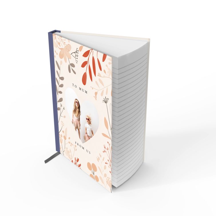 Floral heart design portrait notebook with two photos for personalisation by Utterly Printable.