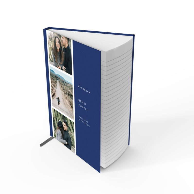 Customisable portrait notebook design with two photos on the cover spread.