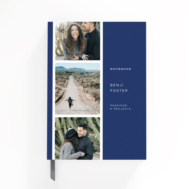 Customisable portrait notebook design with two photos on the cover spread.