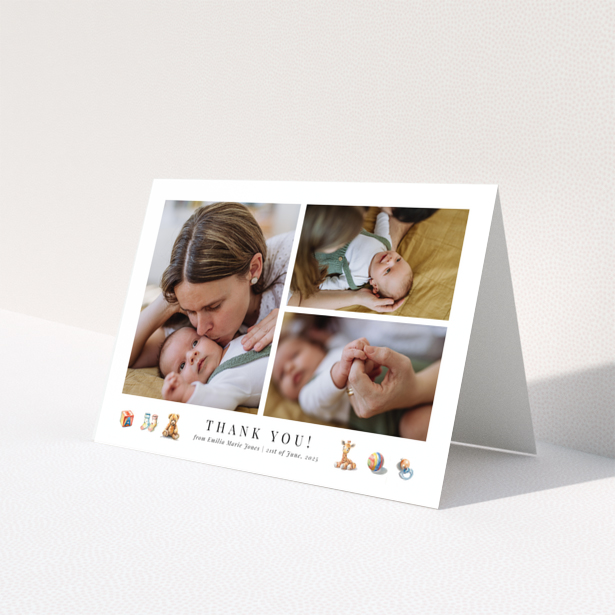 Baby thank you card with three photos, featuring simple and elegant design elements.