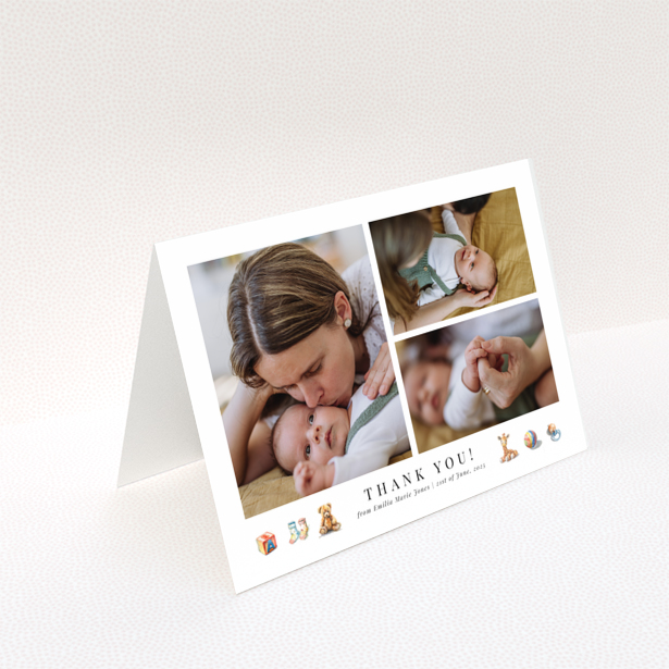 Baby thank you card with three photos, featuring simple and elegant design elements.