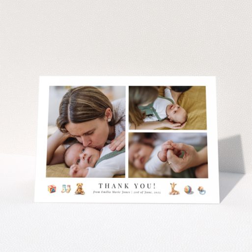 Baby thank you card with three photos, featuring simple and elegant design elements.