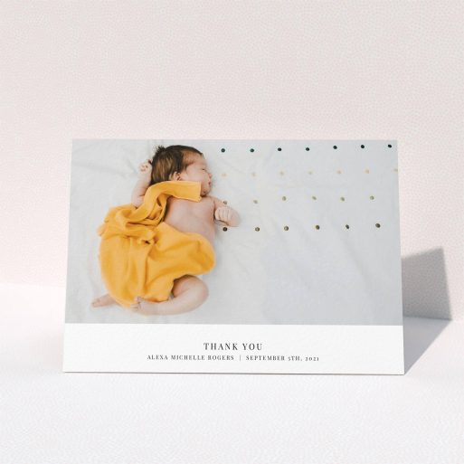 A baby card template titled "A Modern Classic Thank You". It is an A5 card in a landscape orientation. It is a photographic baby card with room for 1 photo. "A Modern Classic Thank You" is available as a folded card, with mainly white colouring.