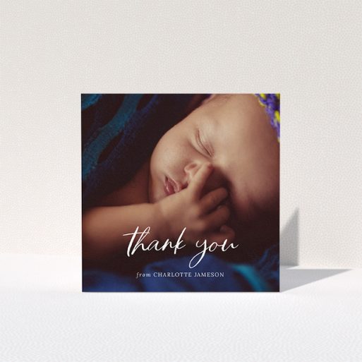 A baby card called "Calligraphy Thanks". It is a square (148mm x 148mm) card in a square orientation. It is a photographic baby card with room for 1 photo. "Calligraphy Thanks" is available as a folded card, with mainly white colouring.