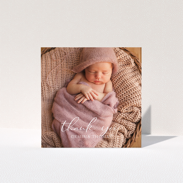 A baby card template titled "Classic Thank You". It is a square (148mm x 148mm) card in a square orientation. It is a photographic baby card with room for 1 photo. "Classic Thank You" is available as a folded card, with mainly white colouring.