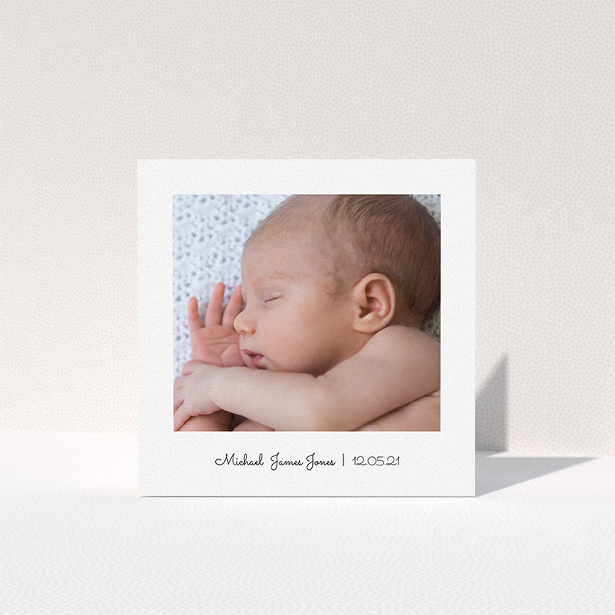 A baby card named "Classic Thank You with Photo". It is a square (148mm x 148mm) card in a square orientation. It is a photographic baby card with room for 1 photo. "Classic Thank You with Photo" is available as a folded card, with mainly white colouring.