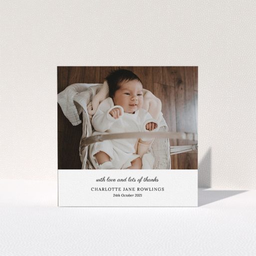 A baby card template titled "Classic Wedding Thanks". It is a square (148mm x 148mm) card in a square orientation. It is a photographic baby card with room for 1 photo. "Classic Wedding Thanks" is available as a folded card, with mainly white colouring.
