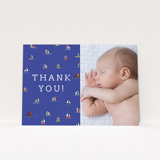 A baby card design named "Cowes Week". It is an A6 card in a landscape orientation. It is a photographic baby card with room for 1 photo. "Cowes Week" is available as a flat card, with mainly blue colouring.