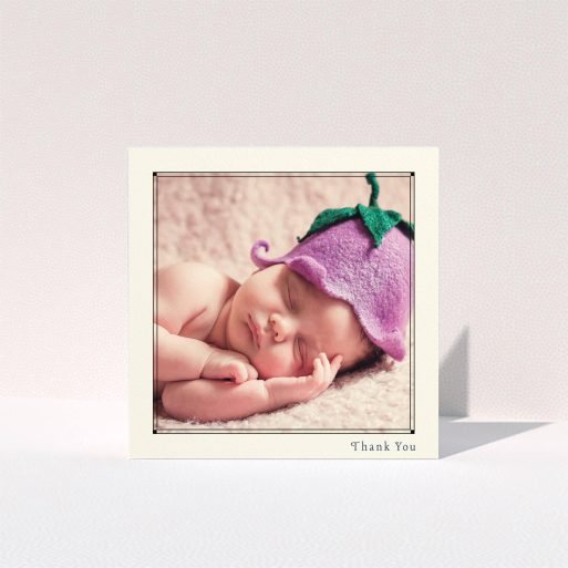 A baby card template titled "Cream Deco". It is a square (148mm x 148mm) card in a square orientation. It is a photographic baby card with room for 1 photo. "Cream Deco" is available as a folded card, with mainly cream colouring.