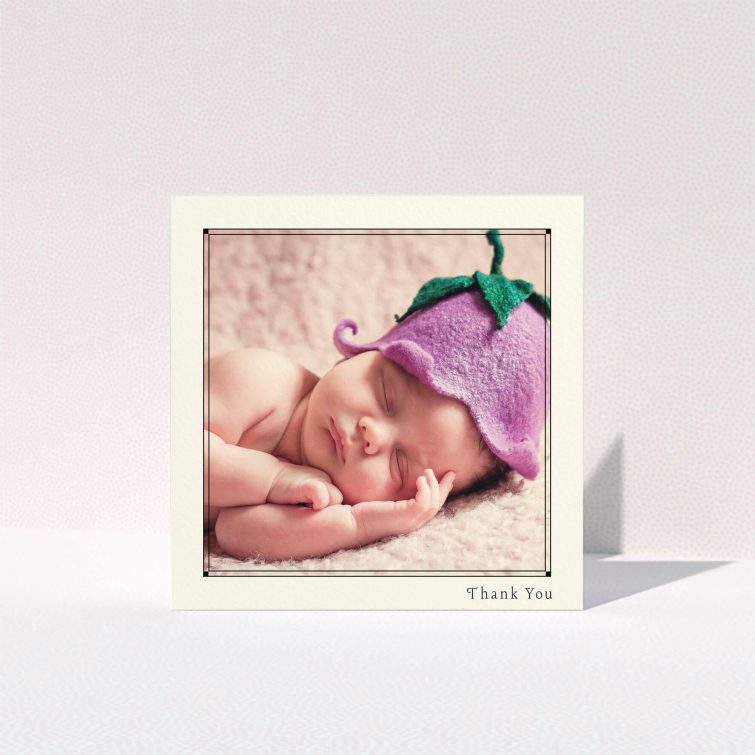 A baby card template titled "Cream Deco". It is a square (148mm x 148mm) card in a square orientation. It is a photographic baby card with room for 1 photo. "Cream Deco" is available as a folded card, with mainly cream colouring.