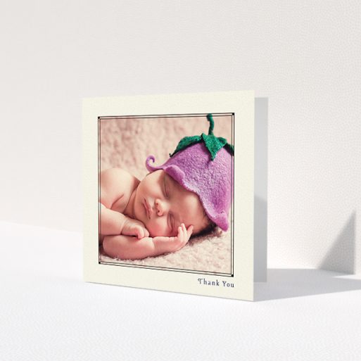 A baby card template titled 'Cream Deco'. It is a square (148mm x 148mm) card in a square orientation. It is a photographic baby card with room for 1 photo. 'Cream Deco' is available as a folded card, with mainly cream colouring.