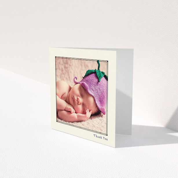 A baby card template titled "Cream Deco". It is a square (148mm x 148mm) card in a square orientation. It is a photographic baby card with room for 1 photo. "Cream Deco" is available as a folded card, with mainly cream colouring.