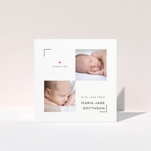 A baby card named "Framed". It is a square (148mm x 148mm) card in a square orientation. It is a photographic baby card with room for 2 photos. "Framed" is available as a folded card, with tones of white and red.
