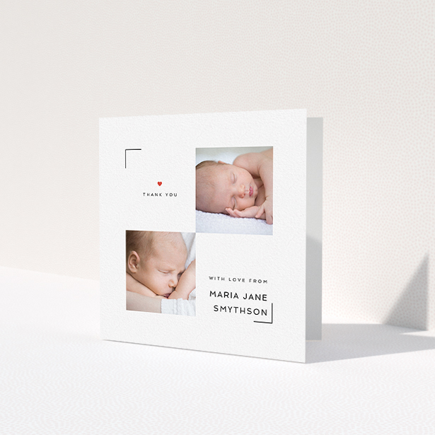 A baby card named "Framed". It is a square (148mm x 148mm) card in a square orientation. It is a photographic baby card with room for 2 photos. "Framed" is available as a folded card, with tones of white and red.